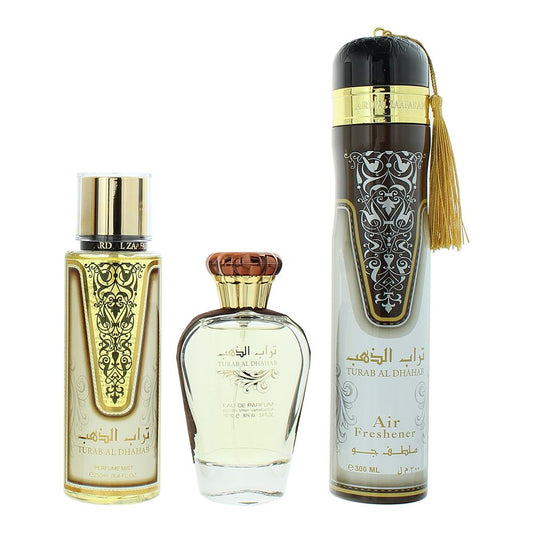 Ard Al Zaafaran Turab Al Dhahab 100ml Eau de Parfum Gift Set 250ml Perfume Mist , 300ml Air Freshener